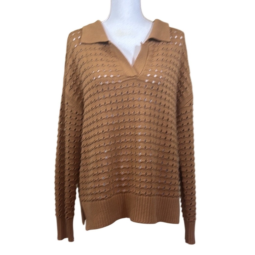 Joie Open Eyelet Knit V-Neck Collared Sweater Camel, quiet luxury, minimalist